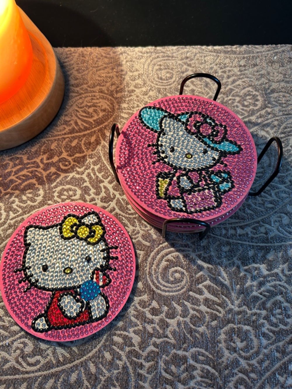 Hello Kitty Pink Rhinestone Coaster Set with Yellow & Blue Accents